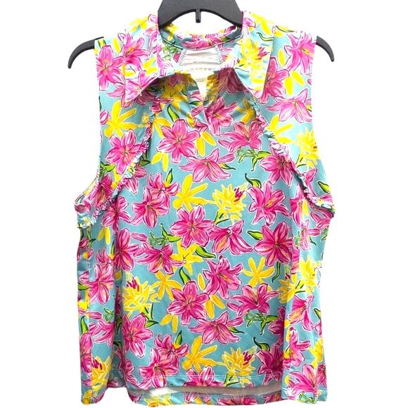 Gottex  Floral Sleeveless Ruffle Golf  Tennis Top Aqua Pink Yellow Women's Large - Picture 2 of 4